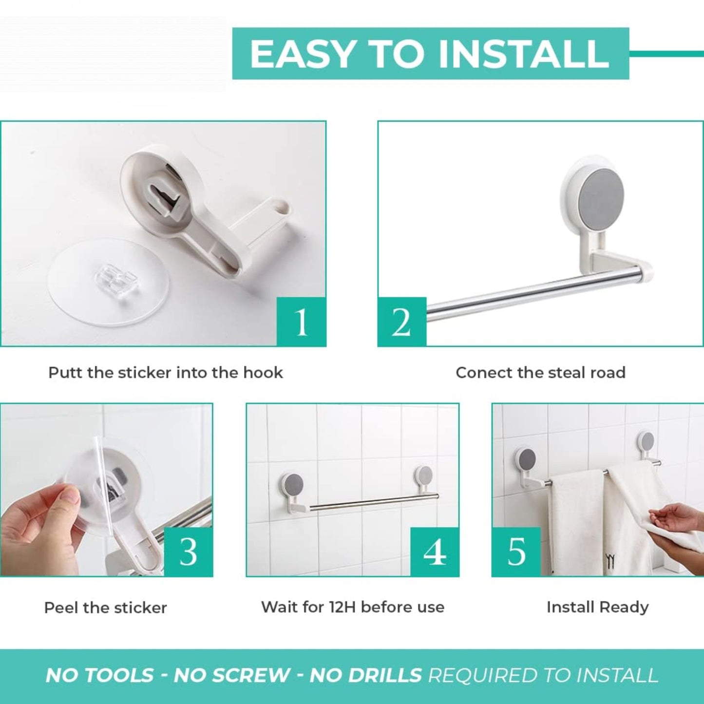 Adhesive Steel Pipe Towel Holders - No Drilling
