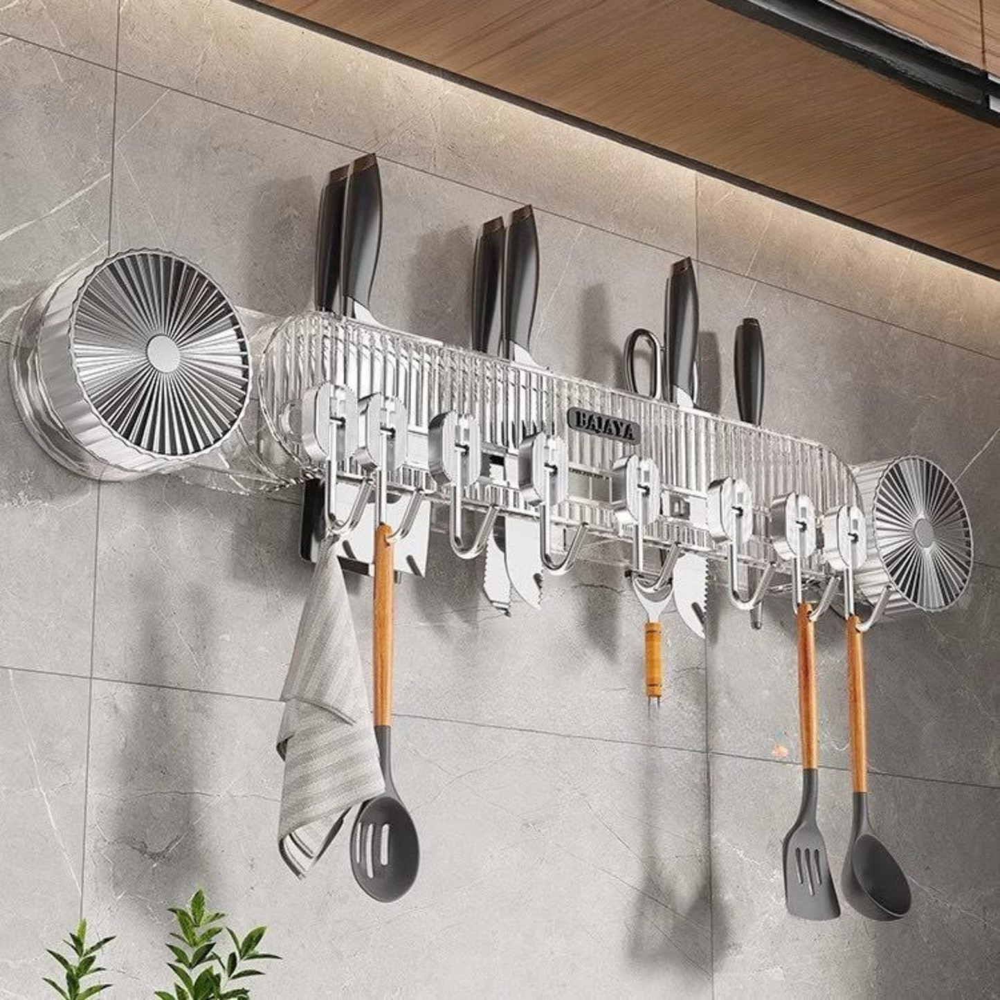 Wall-Mounted Kitchen Knife Holder with Hooks Utensil Rack