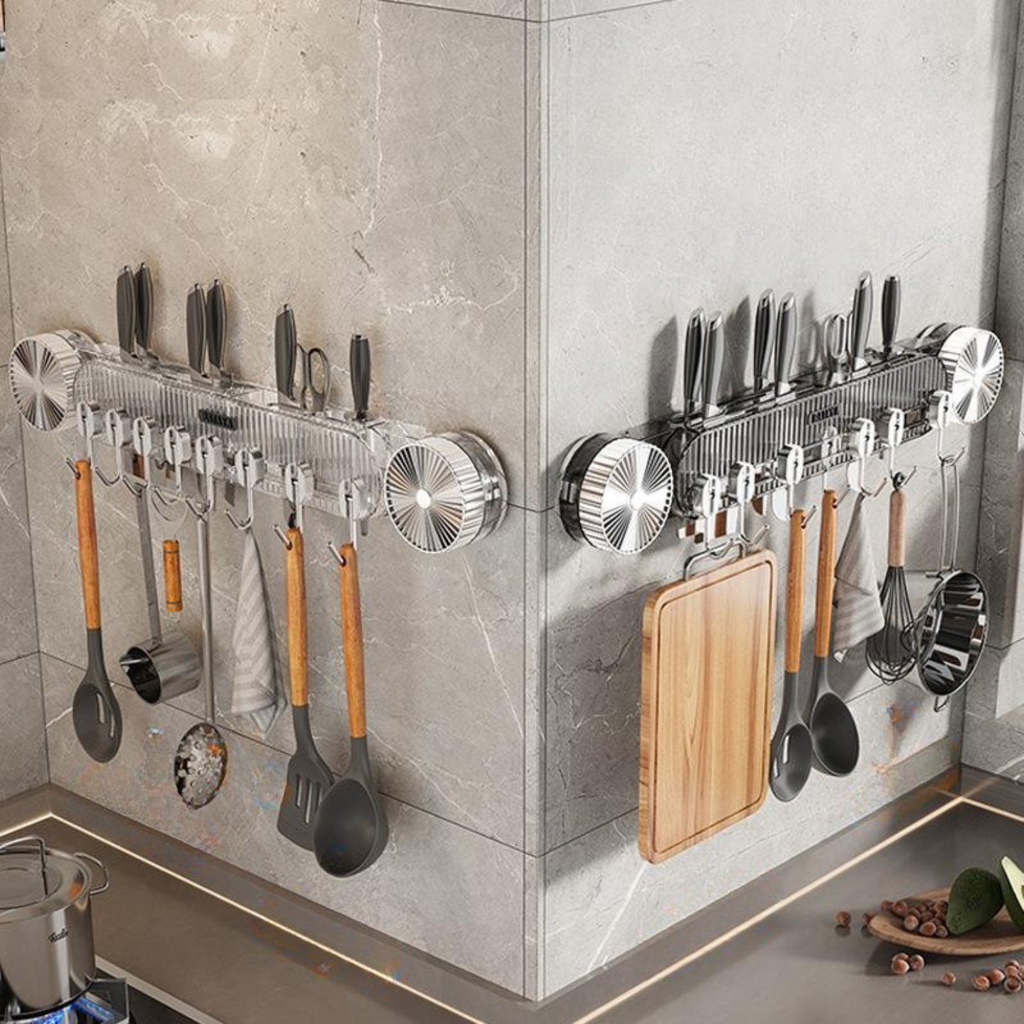 Wall-Mounted Kitchen Knife Holder with Hooks Utensil Rack