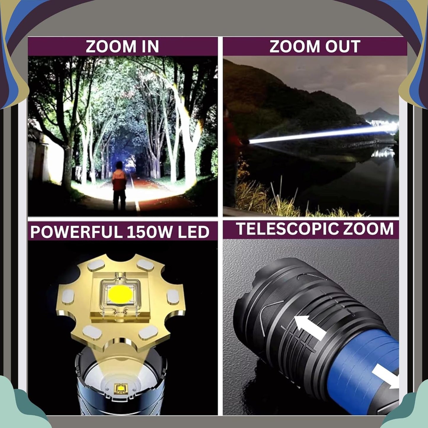 Rechargeable LED Tactical Flashlight 1000+ Lumens | Type-C Zoomable Aluminum Alloy Torch IP65 Waterproof