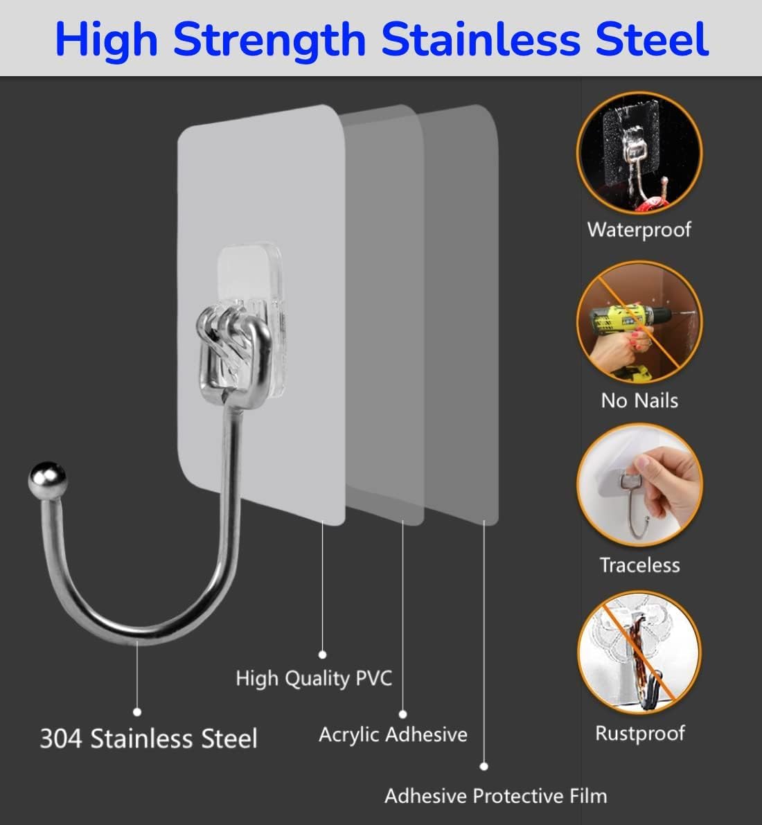 Self-Adhesive Stainless Steel Wall Hooks –Utility Hanging (Pack of 5)