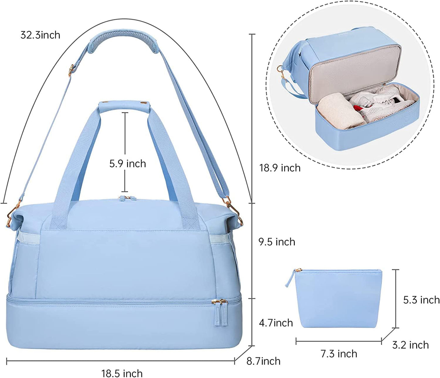 Women Bag – USB Charging Port, Wet Pocket, Shoe Compartment & Pouch