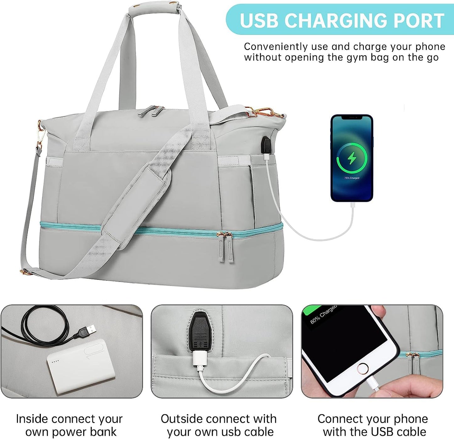 Women Bag – USB Charging Port, Wet Pocket, Shoe Compartment & Pouch