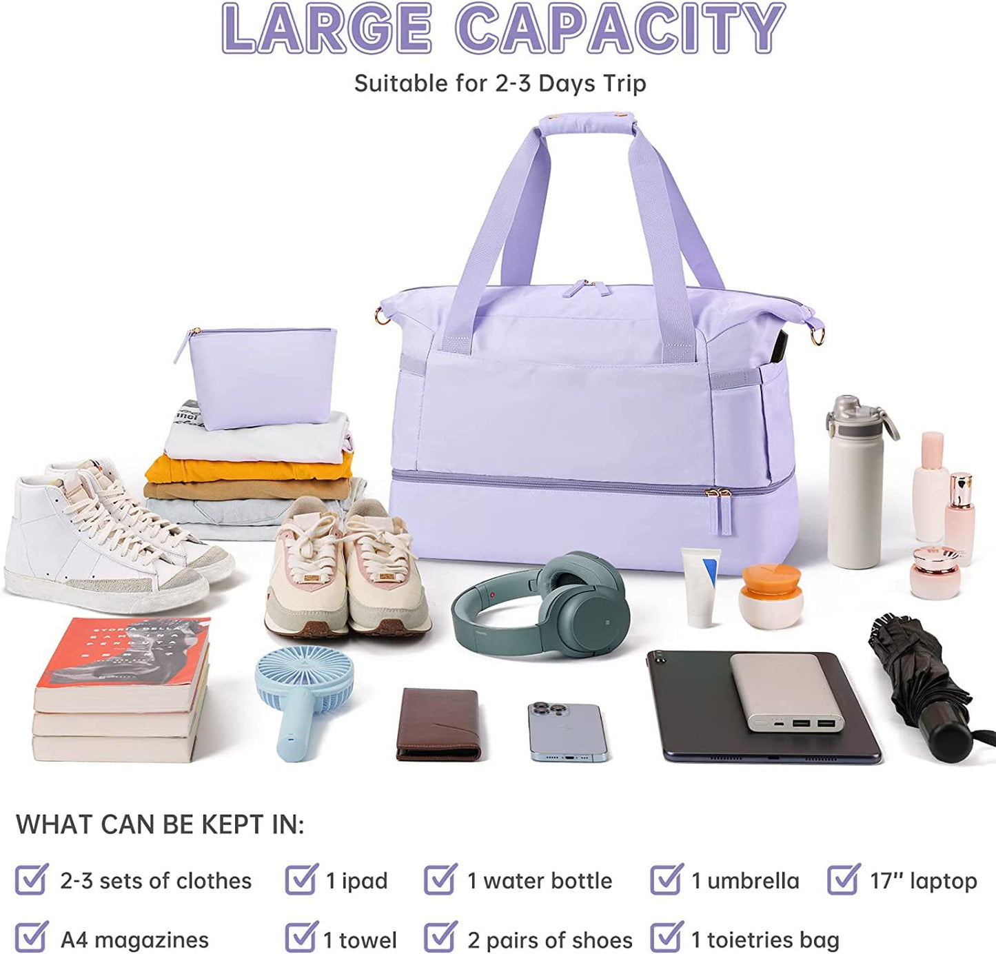 Women Bag – USB Charging Port, Wet Pocket, Shoe Compartment & Pouch