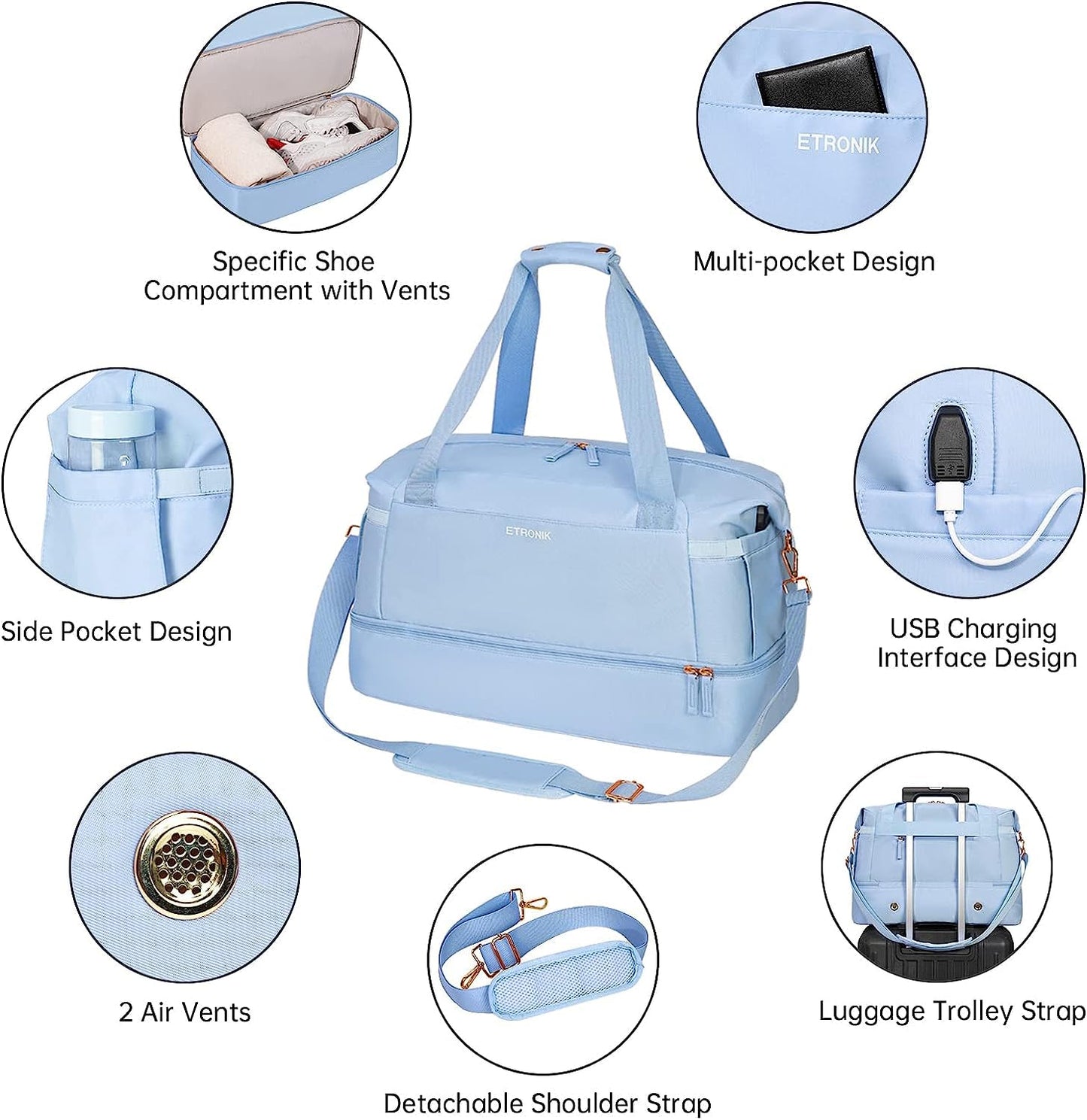 Women Bag – USB Charging Port, Wet Pocket, Shoe Compartment & Pouch