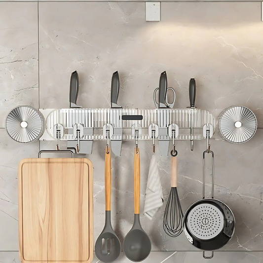 Wall-Mounted Kitchen Knife Holder with Hooks Utensil Rack