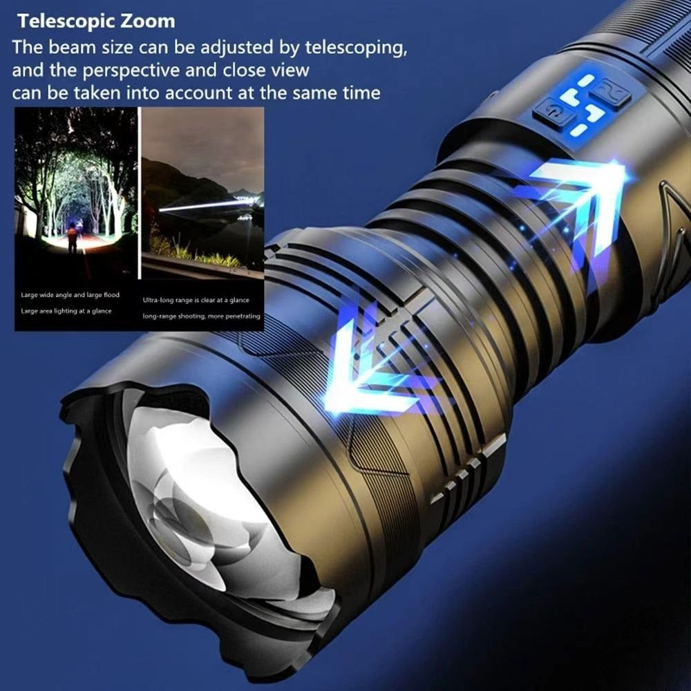 Rechargeable LED Tactical Flashlight 1000+ Lumens | Type-C Zoomable Aluminum Alloy Torch IP65 Waterproof