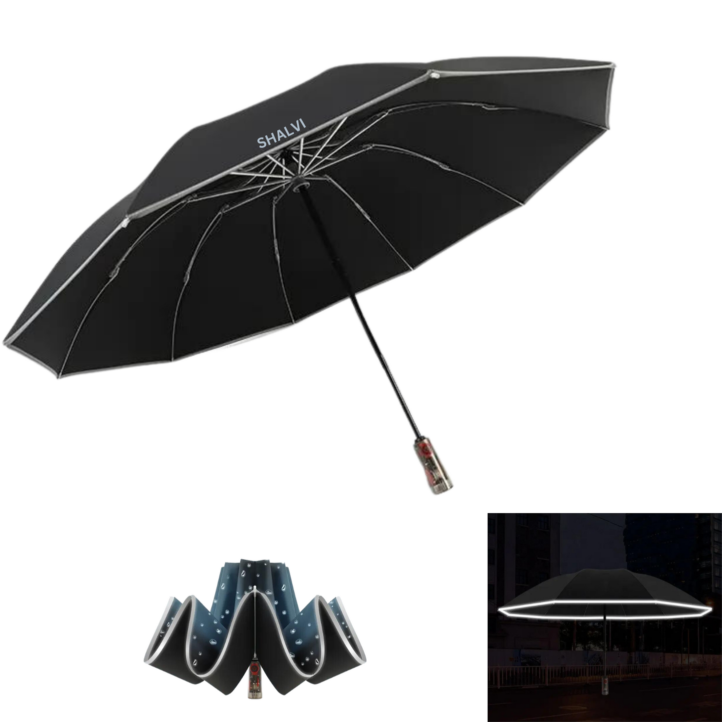 Black Anti Rebound & Invertible 3 Fold Umbrella